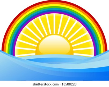 Rainbow sun and sea vector illustration