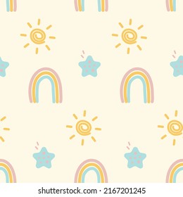 Pinturas de cartón vectorial con arcoíris, sol y estrella, con texto para postales. Hermosos dibujos meteorológicos modernos para la decoración del espacio infantil y la invitación