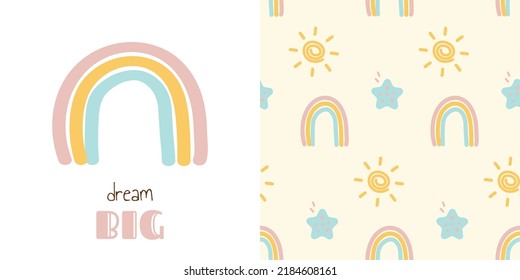 Rainbow, sun and star vector cartton paintings set with text for postcards. Beautiful trendy weather drawings for kid baby child space decoration and invitation