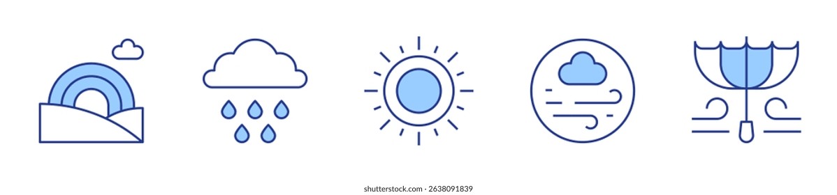 rainbow, sun, windy, rainy, wind. Weather forecast Icon vector illustration. Line Duotone style. Editable stroke.
