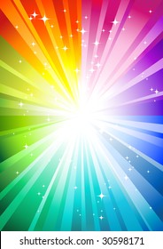 rainbow sunburst background with glittering stars
