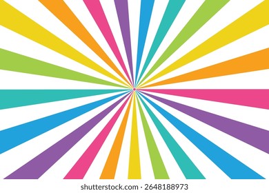 Arco-íris Sunburst Plano de Fundo Centralizado. Plano de fundo multicolorido com amarelo, rosa, laranja, azul, turquesa, verde e roxo. Padrão brilhante e colorido.