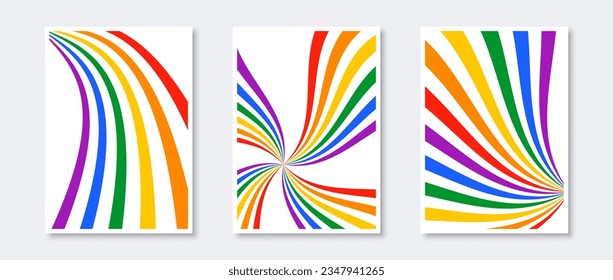 Rainbow sunburst and path prints set. Abstract colorful poster collection. Geometric star burst psychedelic wallpapers pack. Pride month and lgbt rights concept templates bundle. Vector illustration