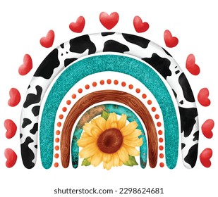 Rainbow Sunflower Western Glitter Turquoise watercolor vector file. cute cartoon vintage style.