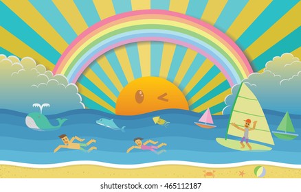 Rainbow with sunrise. Colors background with sea animals and human swimming. Beach holidays. Concept environmentally friendly.