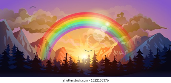 Rainbow in the sunset forest. Vector illustration.