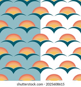 Rainbow sunset seamless pattern, 70s fashion style. Geometric half circle, stylized seagull bird. Warm red yellow palette. Transparent background. Vector illustration