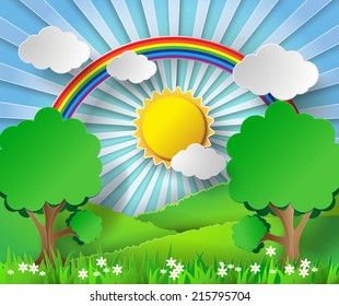  rainbow and sunshine over field. paper art style.