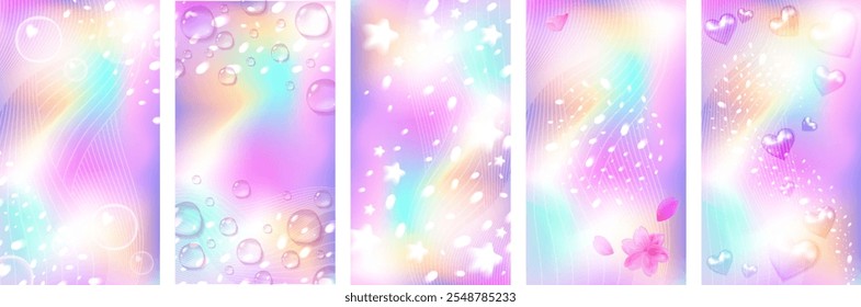 Conjunto de fondo de historias surrealistas de arco iris. Diseño holográfico de estilo anime. Diseño con malla. Ilustración vectorial de stock en estilo abstracto.