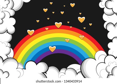 Rainbow surrounded by clouds and hearts. Pop art stylization. Vector illustration