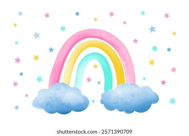 Rainbow surrounded by fluffy clouds. Vector illustration in watercolor children's style.