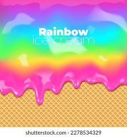 Rainbow sweet drip, melt flow of ice cream dessert food on waffle cone texture background. Vector 3d rainbow candy, donut glaze or milk ice cream melting on wafer pattern with glossy drops, splashes