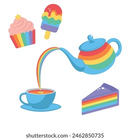 Rainbow sweets, a cake, ice cream, a piece of cake. A teapot, a cup and a saucer. A rainbow teapot pours tea into a tea mug with a saucer. 