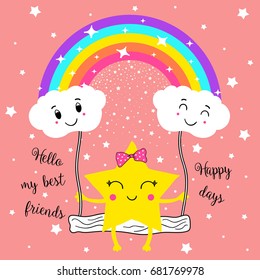 rainbow swing with cloud vector/illustration,sweet kids graphics for t-shirts