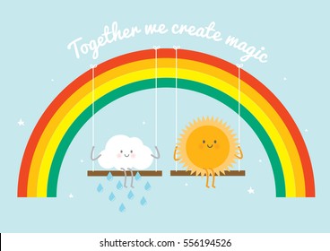 rainbow swing with rain cloud and sun/ valentine's day greeting card template vector/illustration