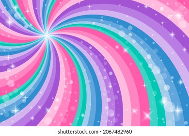 Rainbow swirl background with stars. Radial gradient rainbow of twisted spiral. Vector illustration