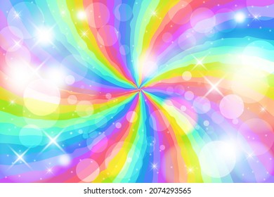 Rainbow swirl background with stars. Radial gradient rainbow of twisted spiral. Vector illustration