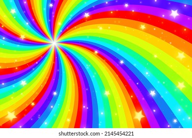 Rainbow swirl background with stars. Radial gradient rainbow of twisted spiral. Vector illustration