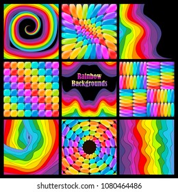 Rainbow swirl and square backdrops with bright colors. Set of rainbow background for design.