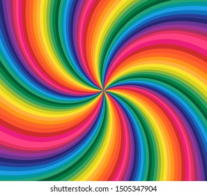 Rainbow swirl twisting background. Swirling radial rainbow design. Vector illustration.