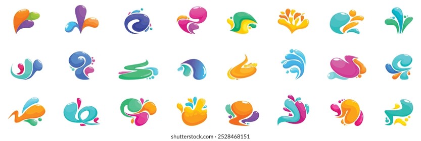 Rainbow swirls drops icons set. Collection of modern logos is forming from colorful abstract liquid shapes