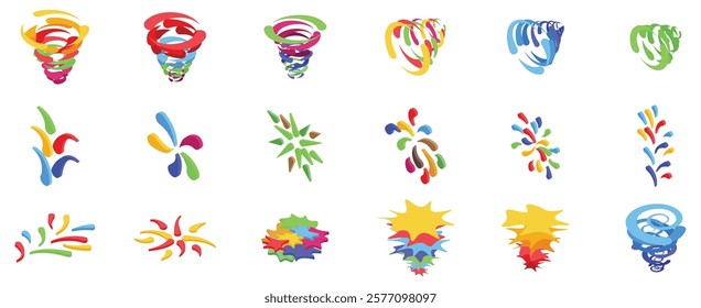  Rainbow swirls drops icons set. Set of colorful abstract shapes creating dynamic and fluid designs, ideal for representing concepts of energy, innovation, and creativity