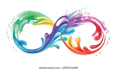 Rainbow symbol of infinity from stream of flowing multicolored paint on white background. hand drawn vector art