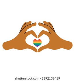Rainbow. Symbol of the LGBT pride community. LGBT heart hands showing love isolated on white background.