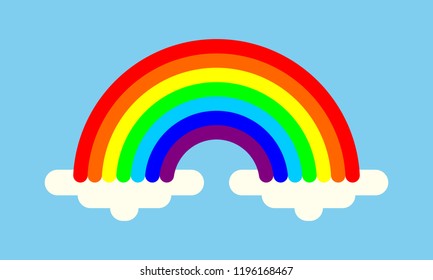 Rainbow symbol with white clouds and blue sky. Colorful sign. Vector illustration
