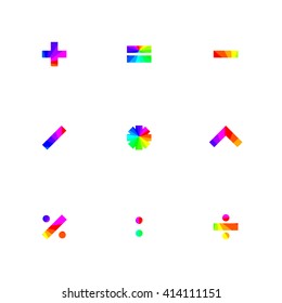 Rainbow symbols of mathematical operations with square corners, vector illustration.