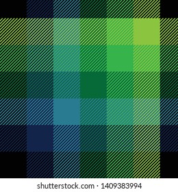 Rainbow Tartan Plaid pattern in blue, green and yellow color on black background. Colorful textile / seamless design.