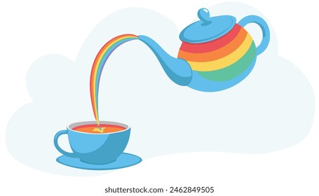 Rainbow tea. A teapot, a cup and a saucer. A rainbow teapot pours tea into a tea mug with a saucer. Vector compositions depicting a tea party.