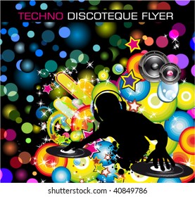 Rainbow Techno Discoteque Flyer with Abstract DJ silhouette.