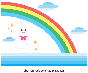 Rainbow . Teru Teru Bozu . A Japanese doll made to pray for a sunny day. Vector illustration.