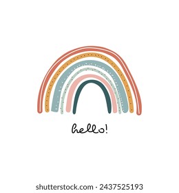 rainbow with text hello. cute rainbow for design of a child’s room, children’s poster. printing on fabric and paper. Vector illustration. 