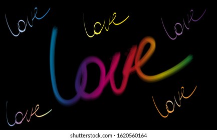 Rainbow text Love on a black background. Coloured words painted with brushes. Valentine's Day card, birthday card.