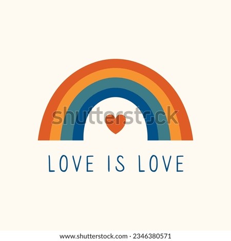 Rainbow and text "Love is love". Retro groovy illustration. Glasess with colorful reflection in flat style in LGBTQ colors. LGBT community symbol. Pride month sticker. Groovy gay parade.	