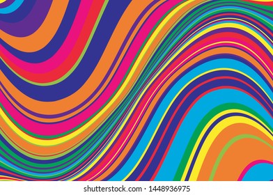 Rainbow Texture with wavy, curves lines. Optical art background. Wave design black and white. Digital image with a psychedelic stripes. Vector illustration