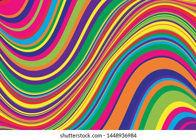 Rainbow Texture with wavy, curves lines. Optical art background. Wave design black and white. Digital image with a psychedelic stripes. Vector illustration