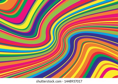 Rainbow Texture with wavy, curves lines. Optical art background. Wave design black and white. Digital image with a psychedelic stripes. Vector illustration