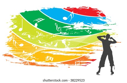 rainbow theme with a man enjoy music in wave background