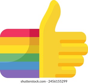Rainbow Daumen nach oben wie Melden Sie sich an Regenbogen gestrippte Farben. LGBT-Party-Symbol für das Design der Karte oder Einladung. Mehrfarbiges Vektorgrafik-Symbol isoliert auf weißem Hintergrund