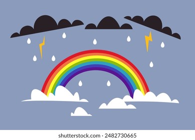 Rainbow with thunderstorm, rain, clouds isolated on background concept. Vector graphic design element illustration