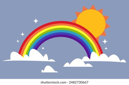 Rainbow with thunderstorm, rain, clouds isolated on background concept. Vector graphic design element illustration