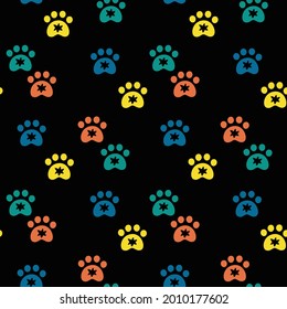 Rainbow tiger paws seamless pattern on black background. Creative kids hand drawn texture for fabric, wrapping, textile, wallpaper, apparel