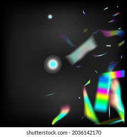 Rainbow Tinsel. Blue, Purple, Green Celebration Background. Falling Hologram Confetti. Holo Glitch Effect Rainbow Tinsel. Silver Transparent Falling Particles.  Gradient Overlay Vivid Foil Tinsel.