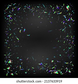 Rainbow Tinsel. Blue, Purple, Green Celebration Background. Falling Hologram Confetti. Holo Glitch Effect Rainbow Tinsel. Silver Transparent Falling Particles.  Gradient Overlay Neon Foil Tinsel.