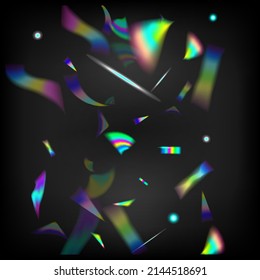 Rainbow Tinsel. Blue, Purple, Green Celebration Background. Holo Glam Effect Rainbow Lights. Falling Holograph Confetti. Gold Transparent Falling Particles.  Gradient Overlay Neon Foil Tinsel.