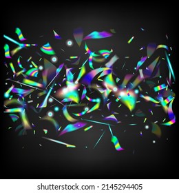 Rainbow Tinsel. Blue, Purple, Green Celebration Background. Holo Glam Effect Rainbow Lights. Flying Holograph Confetti.  Gradient Overlay Neon Foil Tinsel. Silver Transparent Falling Particles.