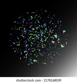 Rainbow Tinsel. Flying Hologram Confetti. Blue, Purple, Green Celebration Background. Holo Glitch Effect Rainbow Bokeh.  Gradient Overlay Neon Foil Tinsel. Silver Transparent Falling Particles.